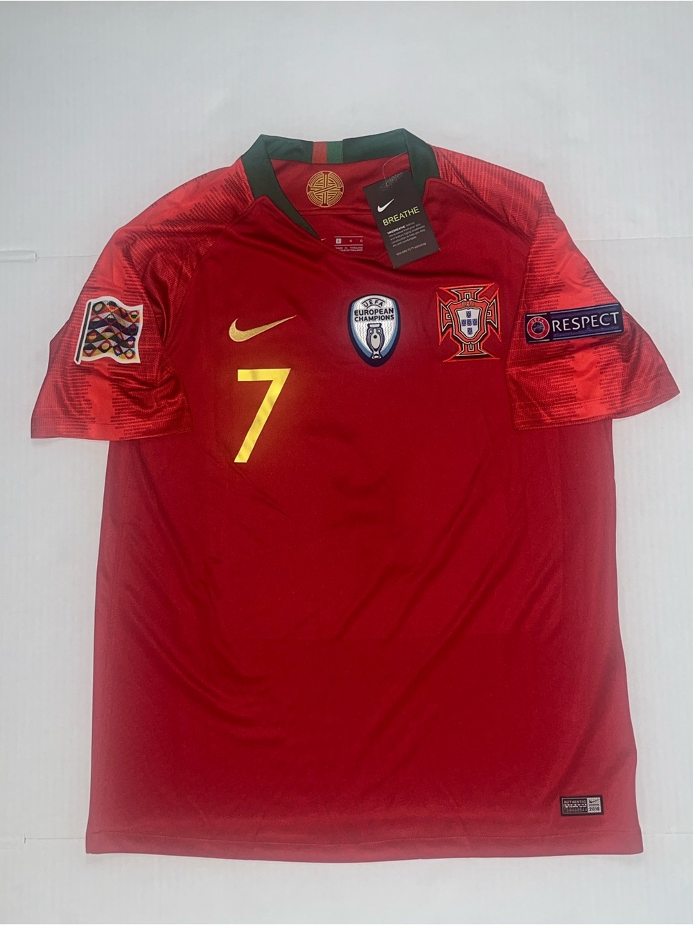 Nike Men's Portugal Red Football Jersey with Gold Accents - #7